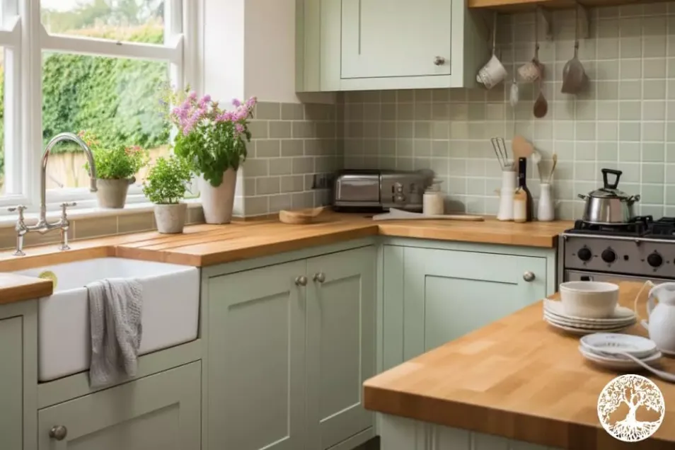 Сращенная дубовая столешница на кухне